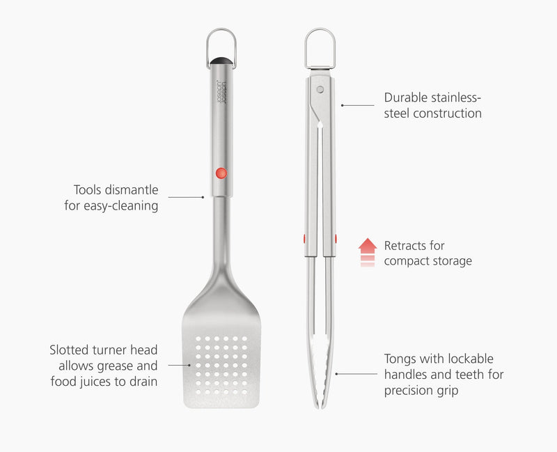 Load image into Gallery viewer, Joseph Joseph GrillOut™ 2-Piece Stainless-Steel BBQ Turner &amp; Tongs Set

