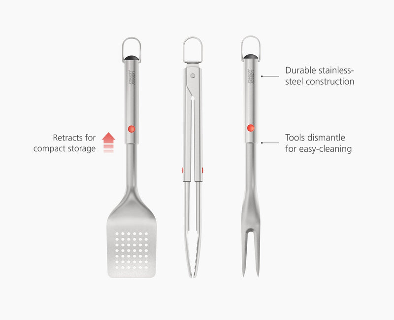 Load image into Gallery viewer, Joseph Joseph GrillOut™ 3-Piece Stainless-Steel BBQ Turner, Tongs &amp; Fork Set
