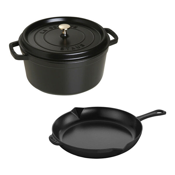 Staub Cast Iron 3-pc Cocotte and Fry Pan Set-Matte Black