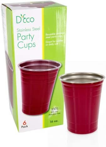 D'Eco Reusable Stainless Steel Red Party Cups (6 Pack, 16 oz each)