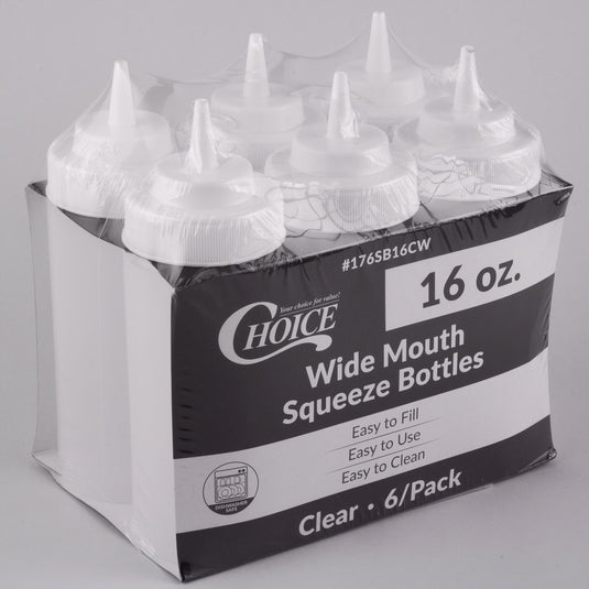 Choice 16 oz. Clear Wide Mouth Squeeze Bottle – 6/Pack