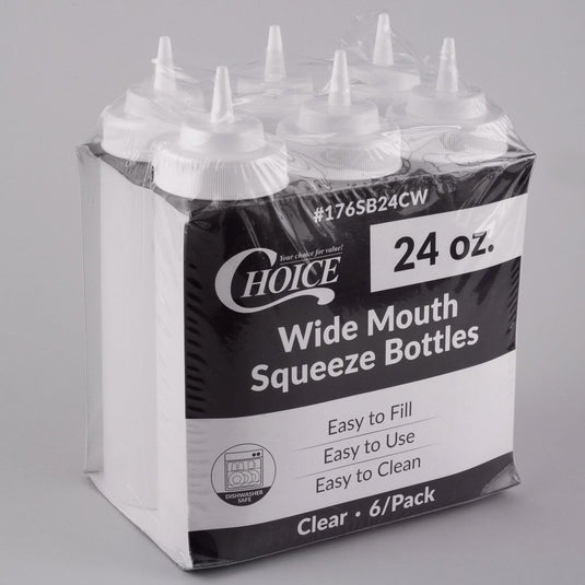 Choice 24 oz. Clear Wide Mouth Squeeze Bottle – 6/Pack