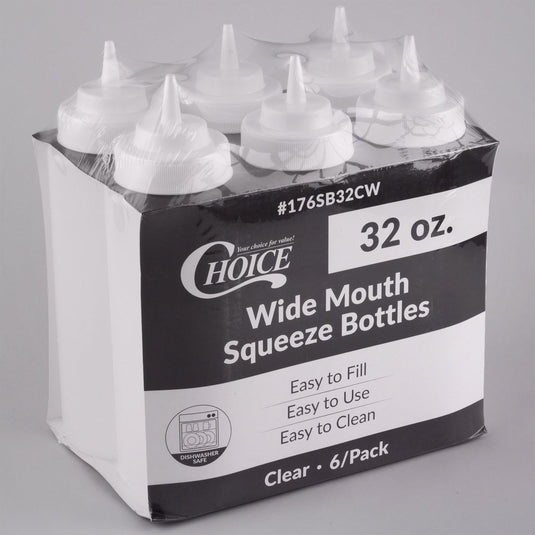 Choice 32 oz. Clear Wide Mouth Squeeze Bottle – 6/Pack